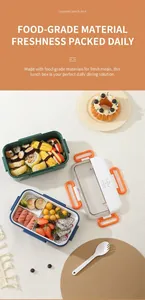 Detailed top view of layered bento lunch box with compartments and portable handles