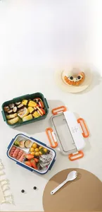 Detailed top view of layered bento lunch box with compartments and portable handles
