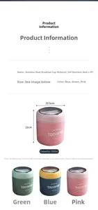Detail of 530ml stainless steel breakfast cup with built-in spoon in pink, blue and green
