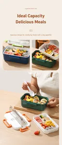 Detail of multi-compartment lunch box with orange handle and built-in utensil storage