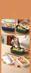 Detail of multi-compartment lunch box with orange handle and built-in utensil storage