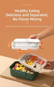 Three-layer bento lunch box with compartments and portable orange handle shown in detail