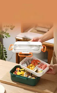 Three-layer bento lunch box with compartments and portable orange handle shown in detail