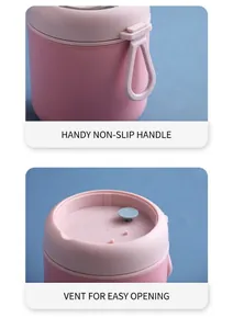 Close-up of pink insulated soup cup with silicone handle and blue grey vent plug