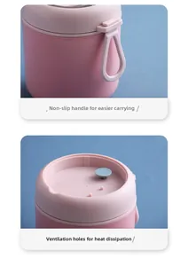 Close-up of pink insulated soup cup with silicone handle and blue grey vent plug
