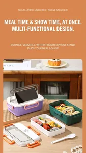 Detail of multi-compartment lunch box lid used as a phone holder for hands-free viewing