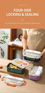 Detail of multi-compartment lunch box with secure four-sided locking lid and silicone seal