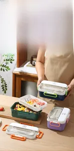 Detail of multi-compartment lunch box with secure four-sided locking lid and silicone seal