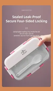 Detail of a portable pink and white lunch box with 4-side buckles and a built-in spoon