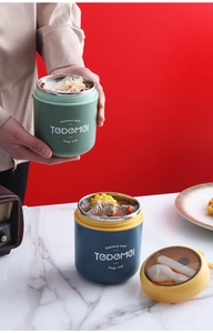 Detail view of double-layer stainless steel soup cups with built-in lid storage for spoons
