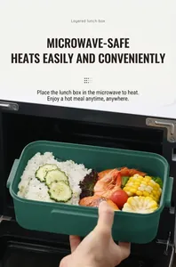 Detail of microwave safe dark green bento box with separate compartments for food