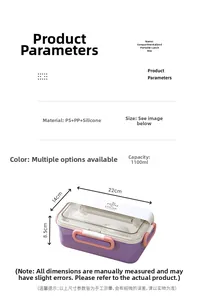 Detail of 1100ml purple bento box with 22x14x8.5cm size and leakproof silicone seal
