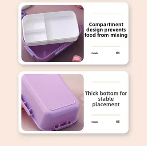 Detailed view of the three-compartment bento box with thickened non-slip bottom base