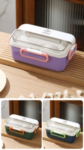 Three-color partitioned plastic bento boxes with spoon storage and secure buckles