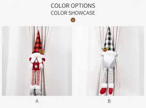 Close-up of red and grey Christmas gnome curtain tiebacks with long striped legs