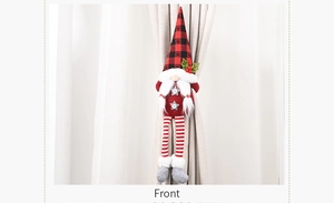 Front view of Christmas gnome curtain tieback with red buffalo plaid hat on beige curtain