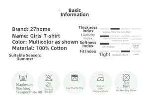 Detailed size chart and specifications for 100% cotton girls' bear cartoon t-shirt