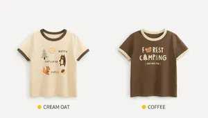 Detail of cotton kids t-shirts in apricot and coffee with forest cartoon prints