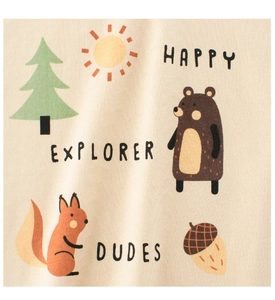 Detail of soft knit fabric featuring cartoon bear prints and Happy Explorer text