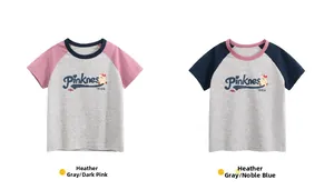 Flat lay of cotton raglan short-sleeve T-shirts for girls with cartoon bear and Pinknes print