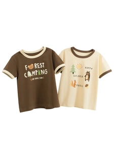 Kids Unisex Casual Cotton Short Sleeve T-Shirt Forest Camping Animal Print Ringer Tee For Boys Girls Summer Daily Top