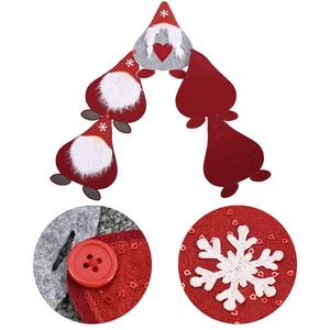 Christmas gnome table runner with red and grey felt dolls and snowflake embroidery detail