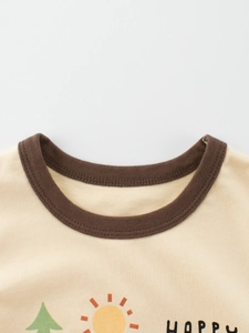 Kids' beige cotton t-shirt with brown round neck featuring happy sun and tree cartoon prints
