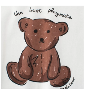 Detail of cute brown bear print and the best playmate text on white kids cotton t-shirt