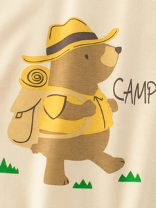 Toddler cotton T-shirt featuring a cute cartoon bear camping print on beige fabric