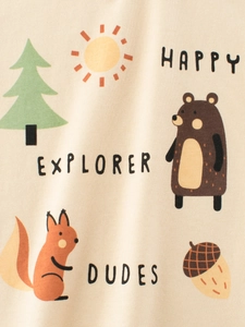 Beige cotton kids t-shirt with forest animal print like bear squirrel and trees