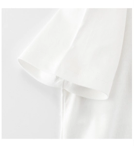 Detail of reinforced double-stitch seam on white cotton t-shirt sleeve cuff