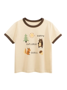 Beige kids cotton T-shirt with forest bear print and contrast brown binding trim