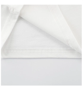 Macro shot of fine double-needle stitching on white cotton T-shirt sleeve and hemline