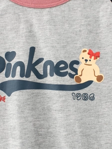 Gray cotton girls T-shirt with pink ribbed collar and cartoon bear print design