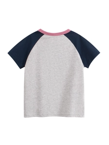 Kids grey and navy raglan short sleeve T-shirt with pink ribbed crew neck for girls