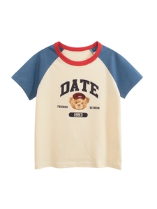 Kids Girls Retro Bear Raglan Short Sleeve T-Shirt Cotton Contrast Color American Academic Style Children Casual Top
