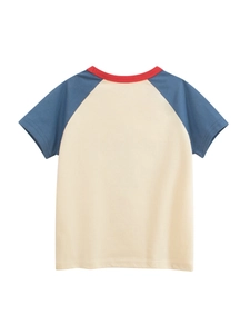 Back view of a kids raglan cotton t-shirt in white, blue and red color-block design