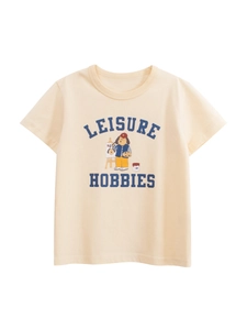 T-shirt enfant en coton crème avec motif chien cartoon et inscription de loisirs bleue