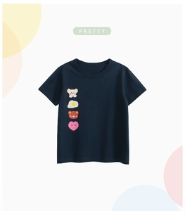 Detail view of navy blue kids cotton T-shirt with cute cartoon bear and heart prints