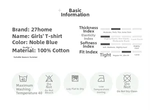 Detailed size chart for royal blue 100% cotton kids t-shirt with fabric specifications