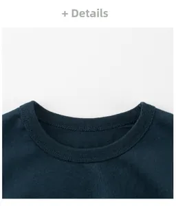 Detail shot of navy blue cotton t-shirt neckline with high-quality double-needle stitching