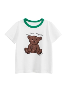 Kids Short Sleeve T-Shirt 100% Cotton Cartoon Bear Print Contrast Round Neck Casual Summer Tops For Boys Girls