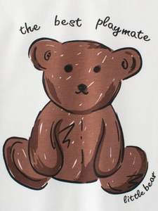 White cotton kids T-shirt featuring a cute brown teddy bear print and letter motif