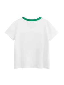 Kids white cotton T-shirt with green crew neck detail, back view flat lay presentation