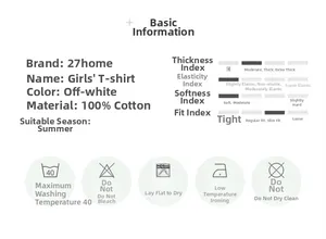 Detailed size and care chart for girls' 100% cotton summer t-shirt in cream white