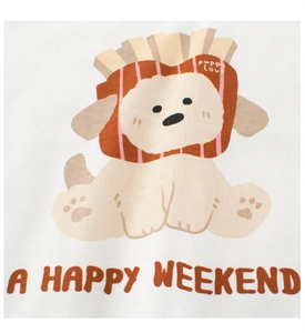 Close-up of a white cotton kids T-shirt featuring a cute cartoon puppy with a fry-box hat