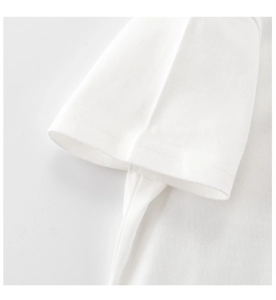 Detail of double-stitched sleeve cuff on white cotton kids' T-shirt with smooth texture