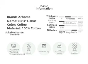 Size chart and washing care guide for girls' 100% cotton summer t-shirt in coffee color