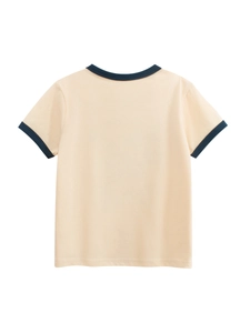 Back view of a cotton ringer T-shirt with beige body and dark blue ribbed crewneck
