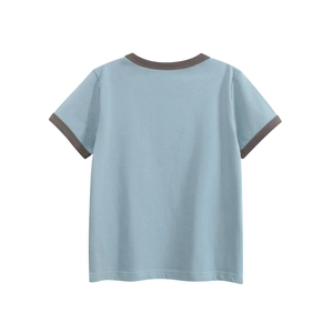 Detail view of cotton kids short sleeve t-shirt back with grey contrast edge